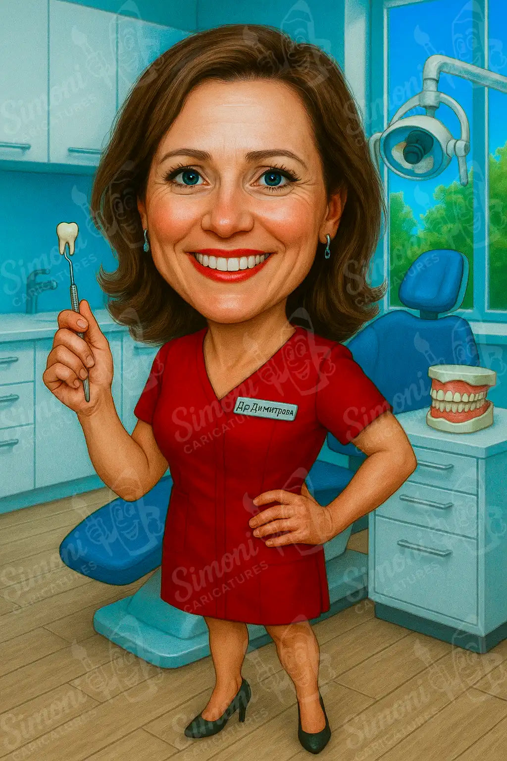 Карикатура на усмихната дентална лекарка в кабинет, държаща зъбен инструмент, персонализиран портрет Simoni Caricatures.